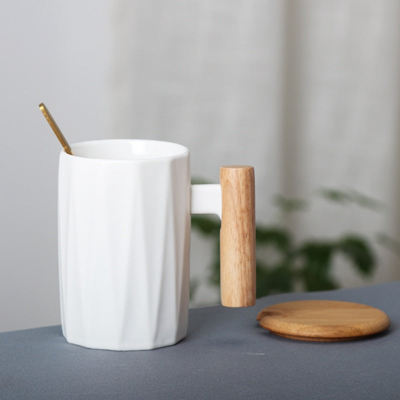 Zenlaria® Wooden handle ceramic coffee mug,literary teacup Office Coffee Milk Cup Nordic Small Fresh Hand Ceramic Cup Drinkware gift 400ml