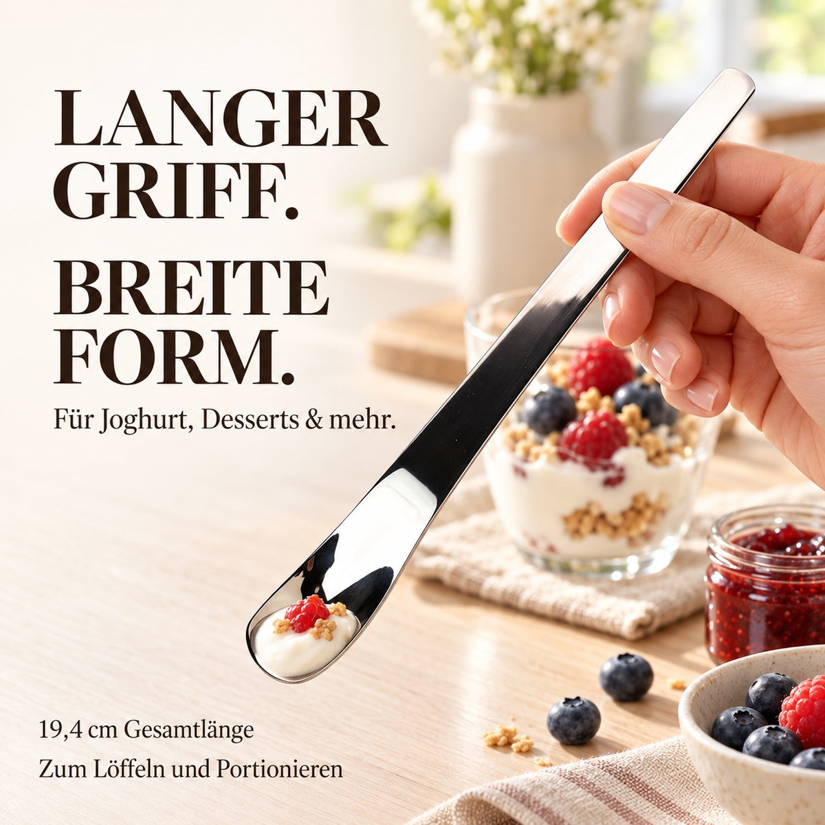 🥄 Edelstahl-Dessertlöffel mit langem Griff – Tiefer schöpfen & leichter erreichen