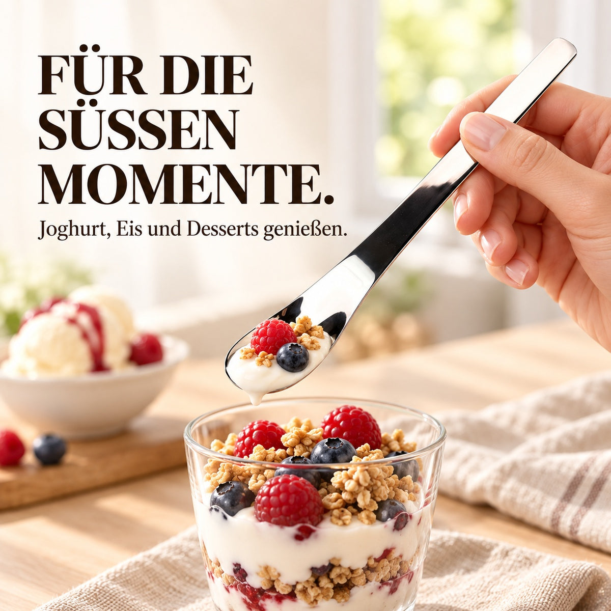 🥄 Edelstahl-Dessertlöffel mit langem Griff – Tiefer schöpfen & leichter erreichen