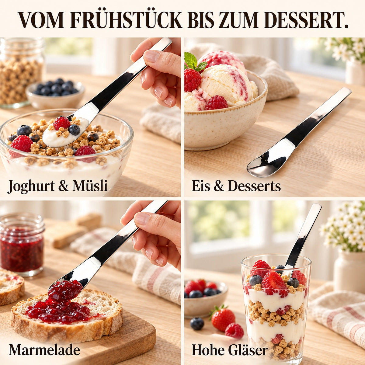 🥄 Edelstahl-Dessertlöffel mit langem Griff – Tiefer schöpfen & leichter erreichen