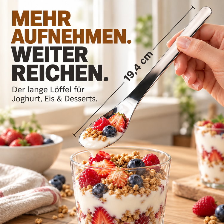 🥄 Edelstahl-Dessertlöffel mit langem Griff – Tiefer schöpfen & leichter erreichen