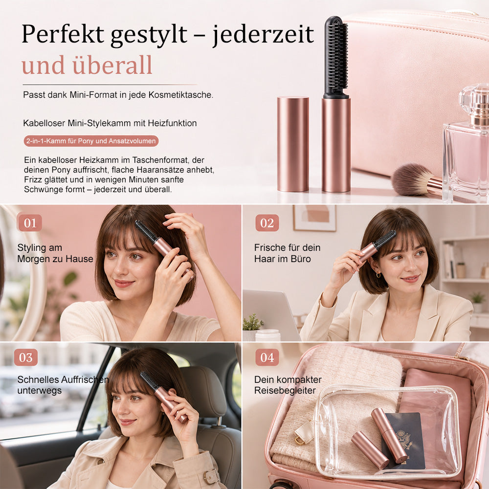 🧸Kabelloser Mini-Glättkamm – Für perfekten Pony & mehr Volumen am Ansatz