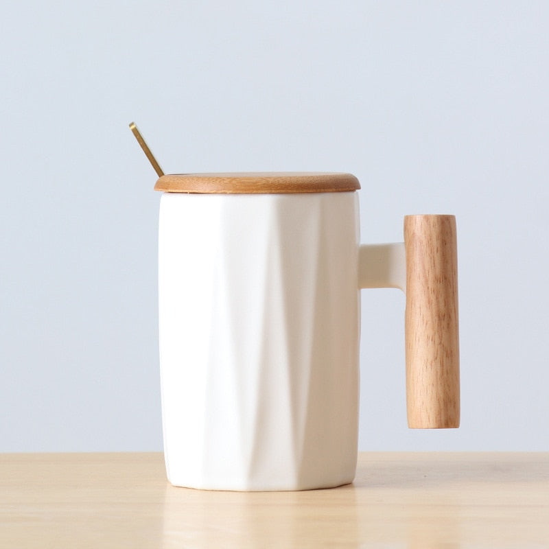 Zenlaria® Wooden handle ceramic coffee mug,literary teacup Office Coffee Milk Cup Nordic Small Fresh Hand Ceramic Cup Drinkware gift 400ml