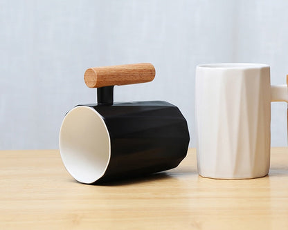 Zenlaria® Wooden handle ceramic coffee mug,literary teacup Office Coffee Milk Cup Nordic Small Fresh Hand Ceramic Cup Drinkware gift 400ml