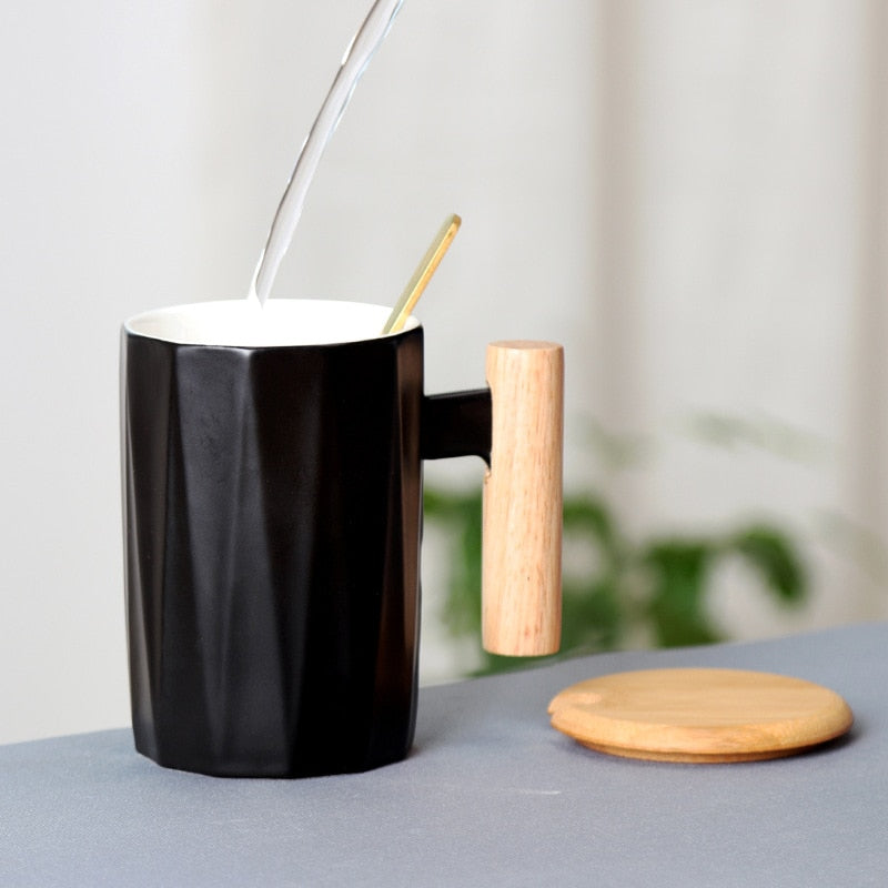 Zenlaria® Wooden handle ceramic coffee mug,literary teacup Office Coffee Milk Cup Nordic Small Fresh Hand Ceramic Cup Drinkware gift 400ml