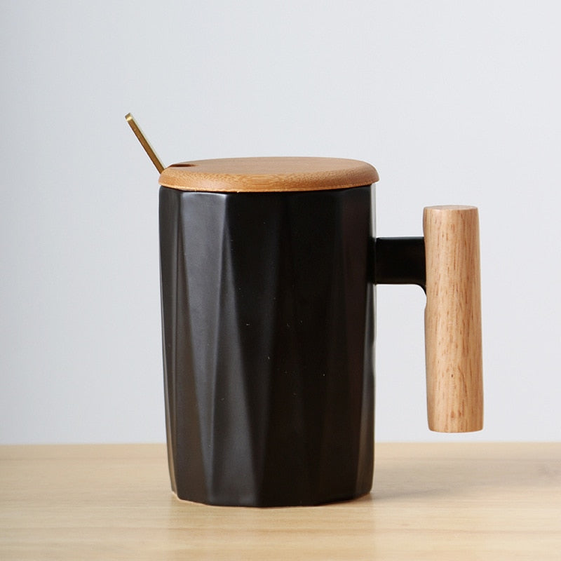Zenlaria® Wooden handle ceramic coffee mug,literary teacup Office Coffee Milk Cup Nordic Small Fresh Hand Ceramic Cup Drinkware gift 400ml