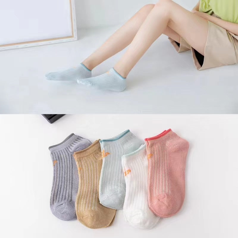 Zenlaria® 5 Pairs Socks Sets Women Elegant Retro Polyester Cotton Low Tube Women Socks Breathable Japanese Style Casual Cotton Short Sock