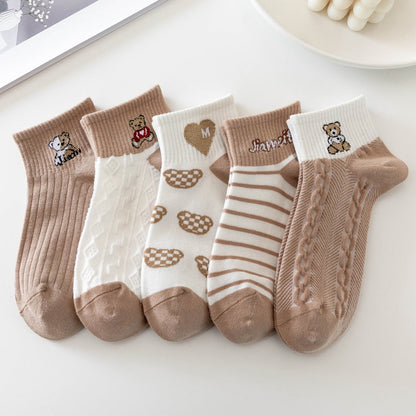 Zenlaria® 5 Pairs Socks Sets Women Elegant Retro Polyester Cotton Low Tube Women Socks Breathable Japanese Style Casual Cotton Short Sock