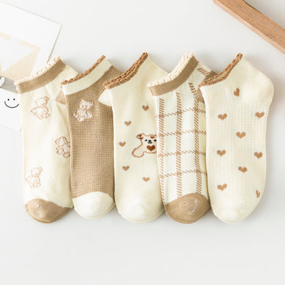 Zenlaria® 5 Pairs Socks Sets Women Elegant Retro Polyester Cotton Low Tube Women Socks Breathable Japanese Style Casual Cotton Short Sock