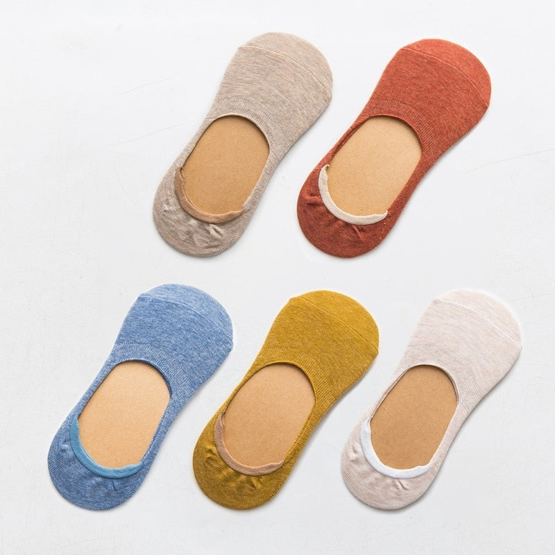 Zenlaria® 5 Pairs Spring Summer Women Socks Solid Color Fashion Wild Shallow Mouth Girls Female Invisible No Show Slipper Socks