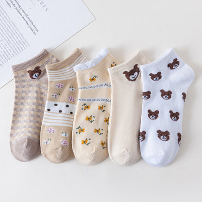 Zenlaria® 5 Pairs Socks Sets Women Elegant Retro Polyester Cotton Low Tube Women Socks Breathable Japanese Style Casual Cotton Short Sock