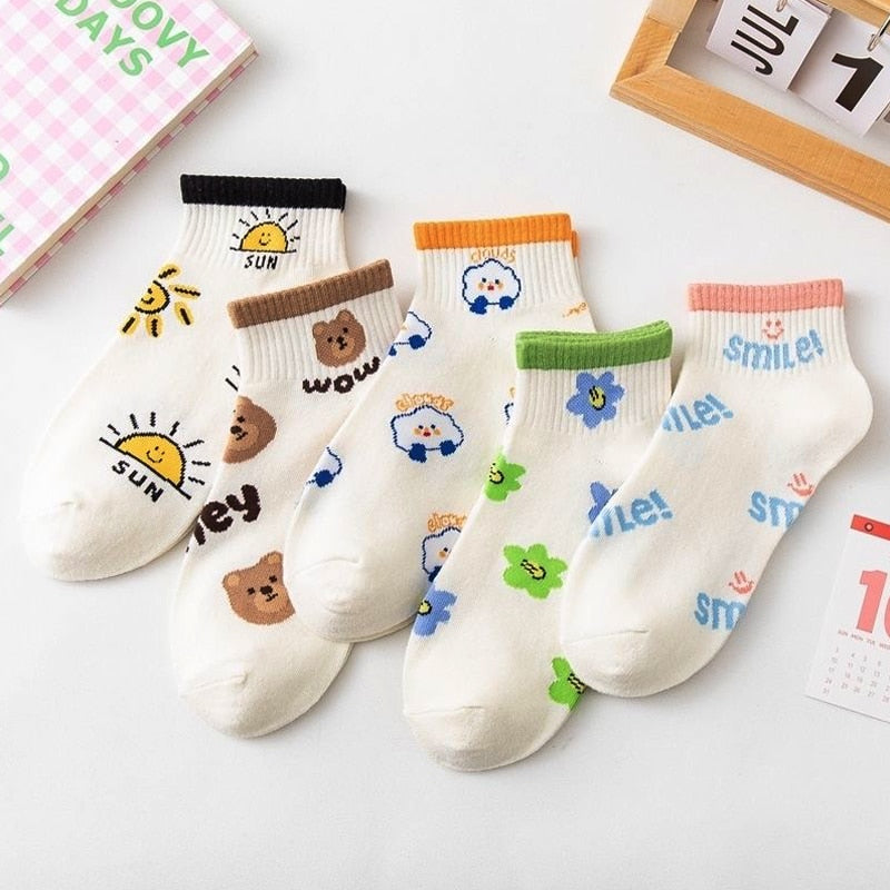Zenlaria® 5 Pairs Socks Sets Women Elegant Retro Polyester Cotton Low Tube Women Socks Breathable Japanese Style Casual Cotton Short Sock