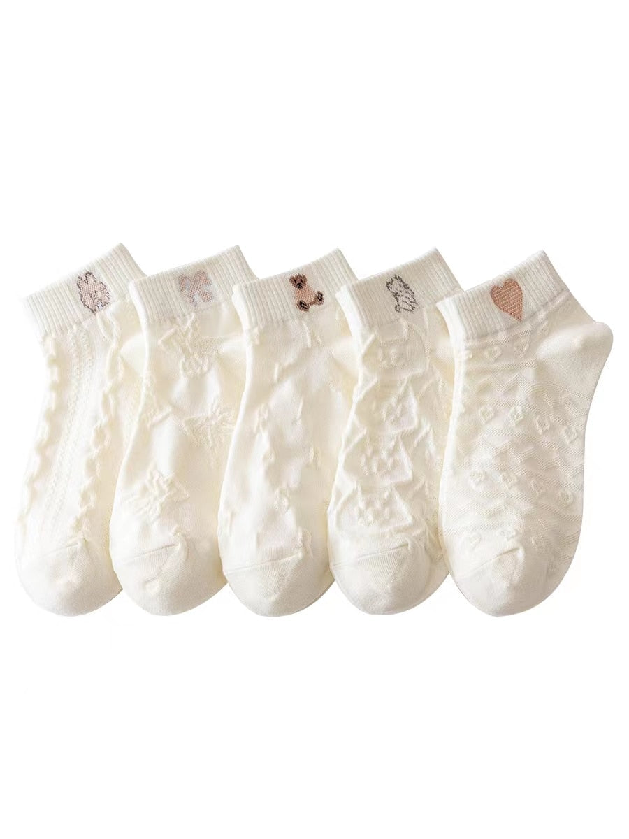 Zenlaria® 5 Pairs Socks Sets Women Elegant Retro Polyester Cotton Low Tube Women Socks Breathable Japanese Style Casual Cotton Short Sock
