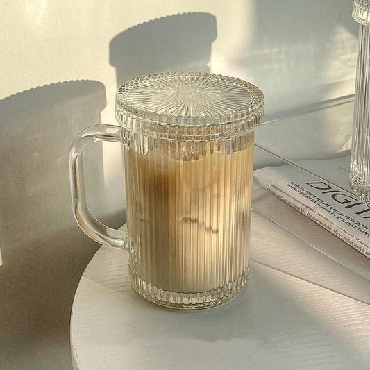 Zenlaria® Simple Stripe Glass Cup With Lid and Straw Transparent Bubble Tea Cup Juice Glass Beer Can Milk Mocha Cups Breakfast Mug