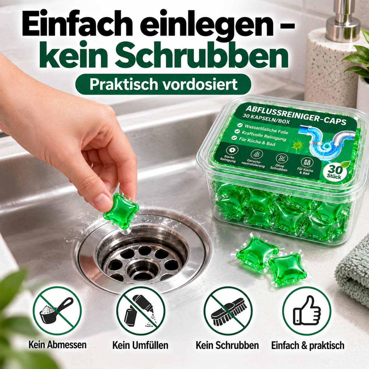 💧 30er Abflussreiniger-Caps – Lösen Haare, Fett & Verstopfungen in nur 5 Minuten